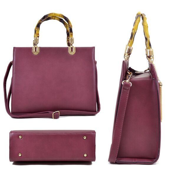 Dasein Medium Wine Satchel Wooden Bamboo Top Handle Handbag - Picture 3 of 8